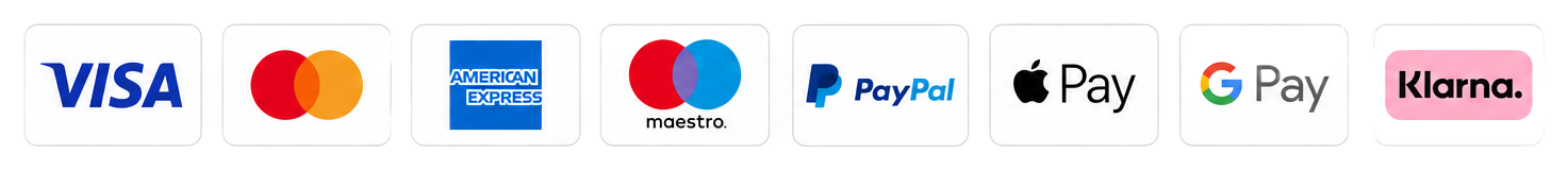 Medios de pago aceptados: Apple Pay, Google Pay, Visa, Mastercard, Maestro, PayPal, Shop Pay, UnionPay